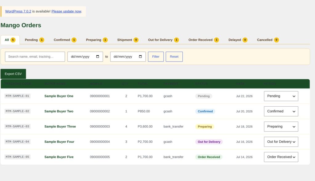 Orders dashboard listing orders with tracking code, buyer, quantity, total, payment method and status, with tabs for each order stage and an export button