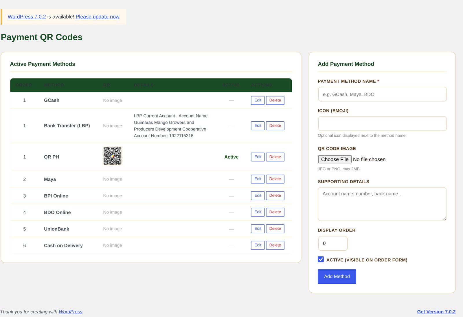 Admin screen for managing the payment QR codes shown to customers