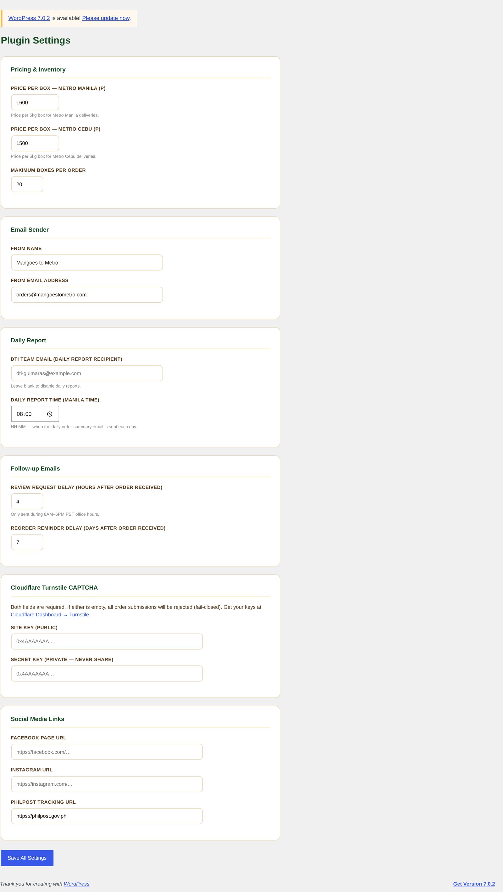 Plugin settings screen with pricing per box, maximum boxes per order, sender details, daily report time and spam protection keys