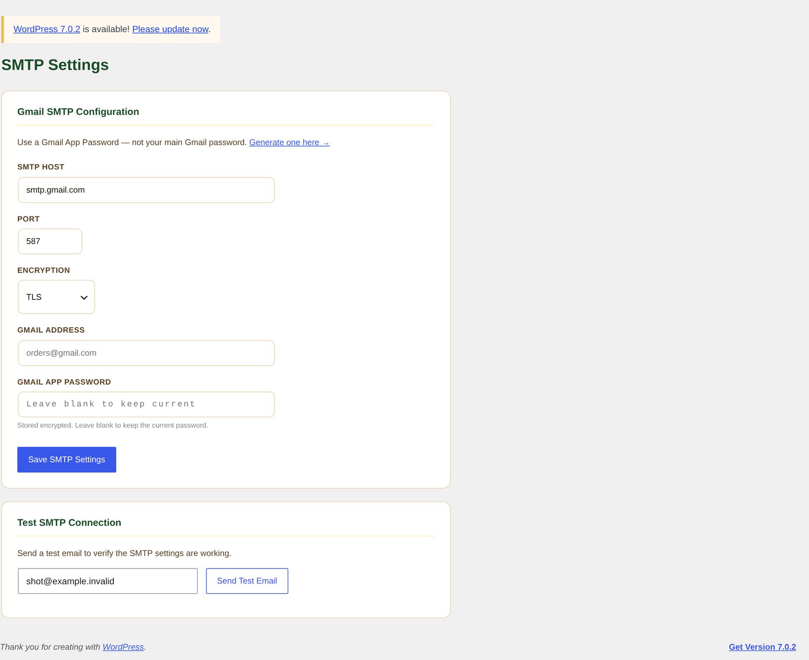 Admin screen for configuring the outgoing mail server used for order confirmation emails