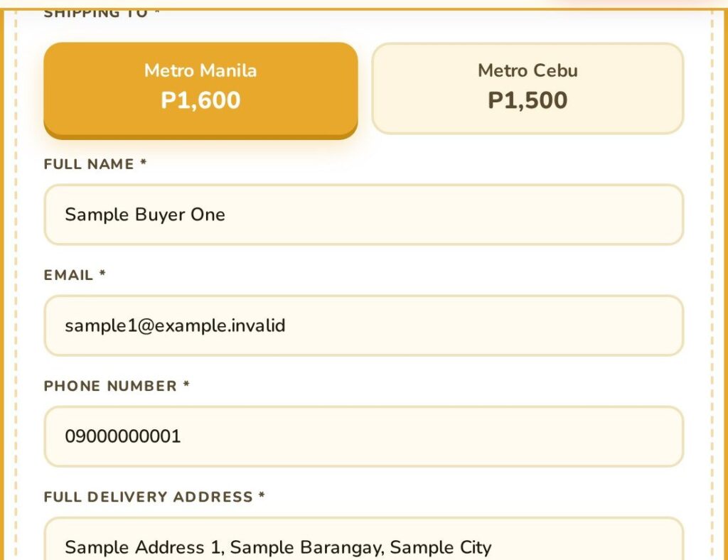 Delivery area selector showing Metro Manila at 1,600 pesos and Metro Cebu at 1,500 pesos, above name, email and phone fields