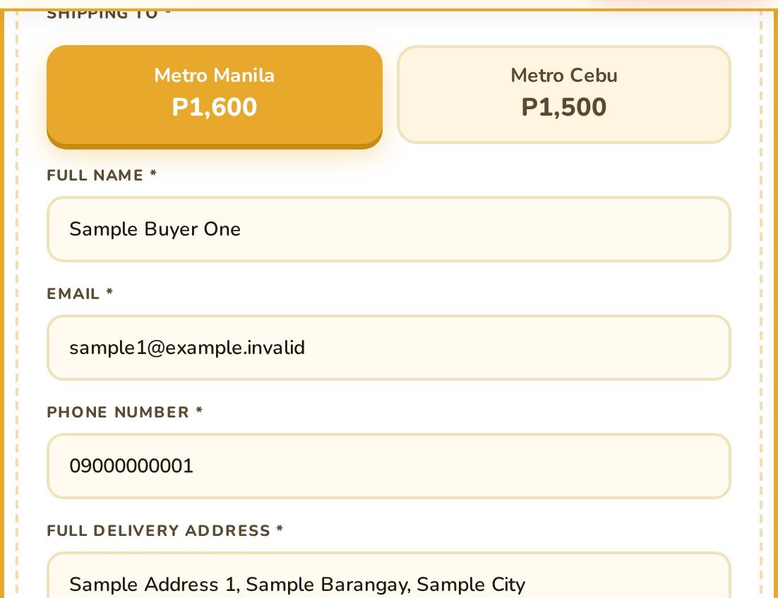 Delivery area selector showing Metro Manila at 1,600 pesos and Metro Cebu at 1,500 pesos, above name, email and phone fields