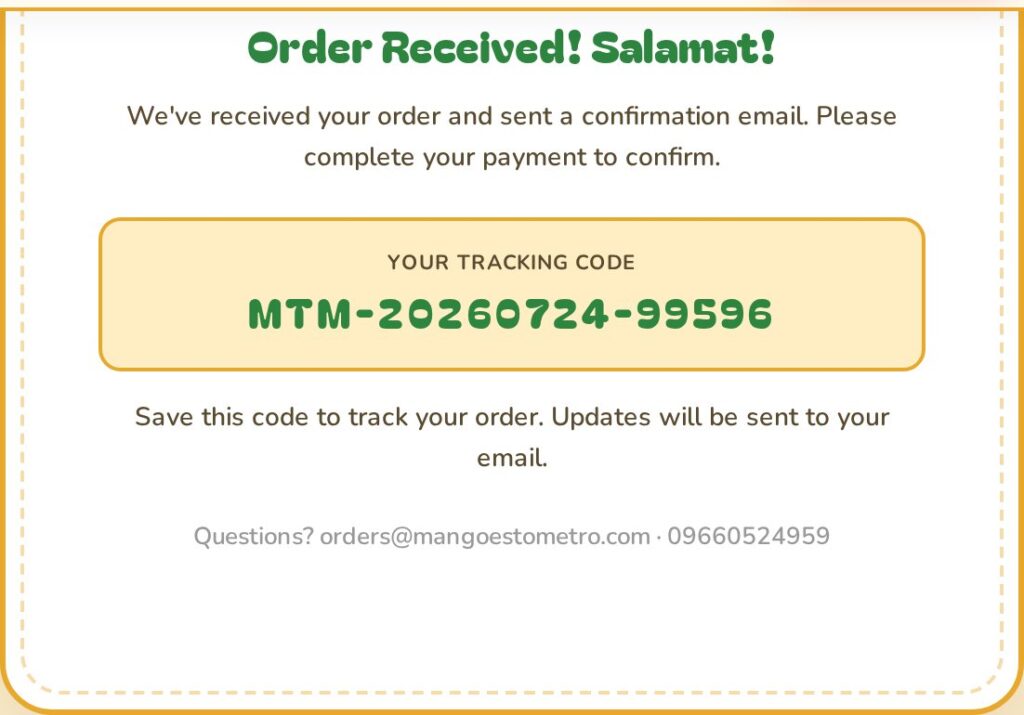 Order confirmation reading Order Received with a tracking code, a note that a confirmation email was sent, and contact details