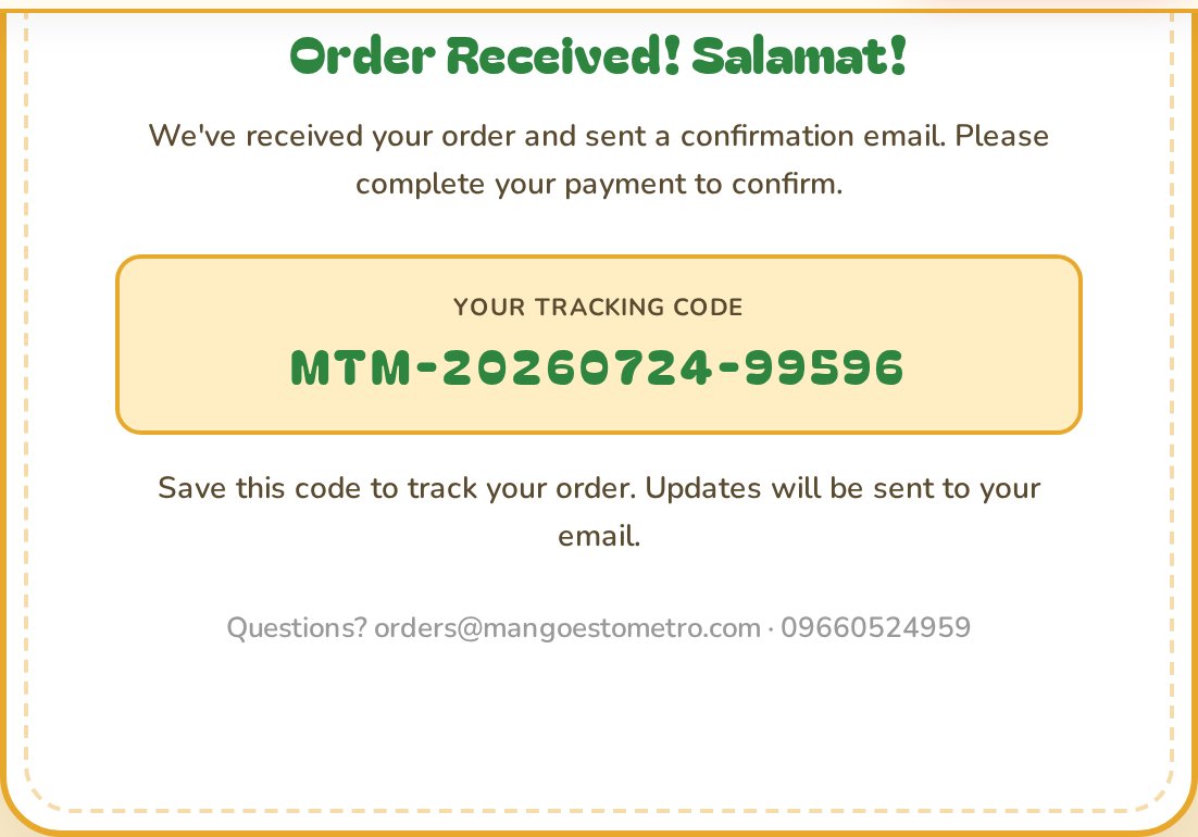 Order confirmation reading Order Received with a tracking code, a note that a confirmation email was sent, and contact details