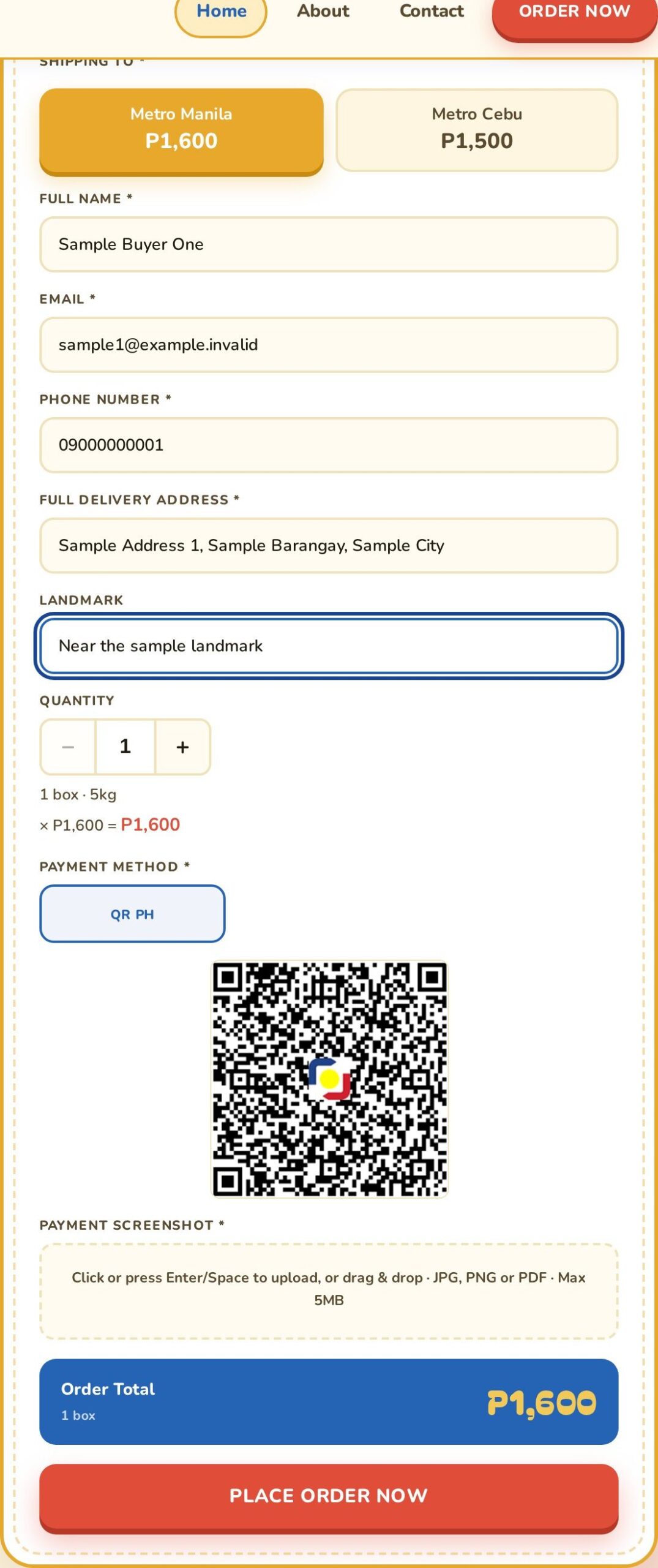 Order form showing delivery area pricing for Metro Manila and Metro Cebu, contact fields, quantity, QR payment and payment proof upload