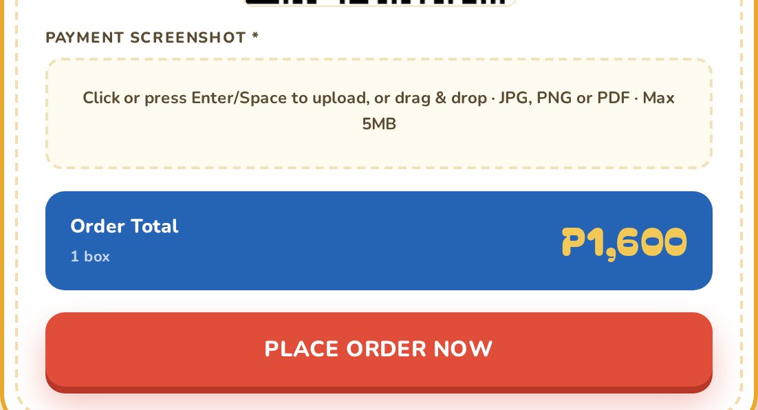 Payment screenshot upload area accepting JPG, PNG or PDF up to 5MB, with the order total and the place order button